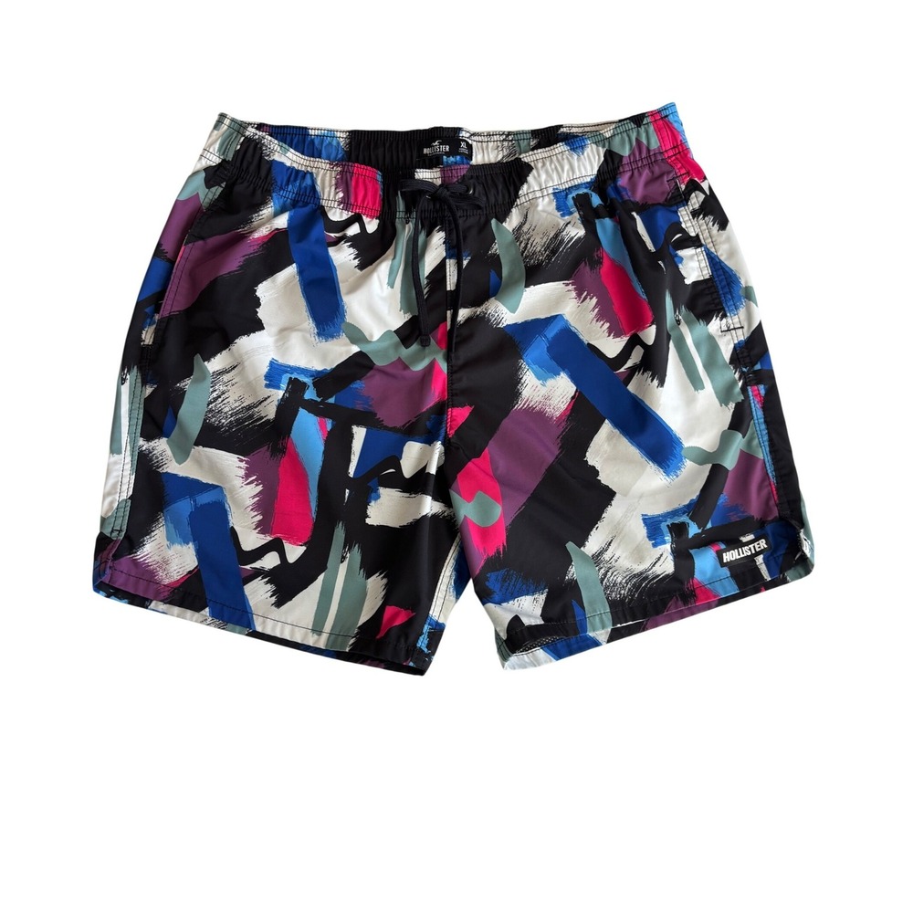 Hollister Mens Swim Trunks XL Abstract Brushstroke Blue Pink Black Mesh‎ Lined